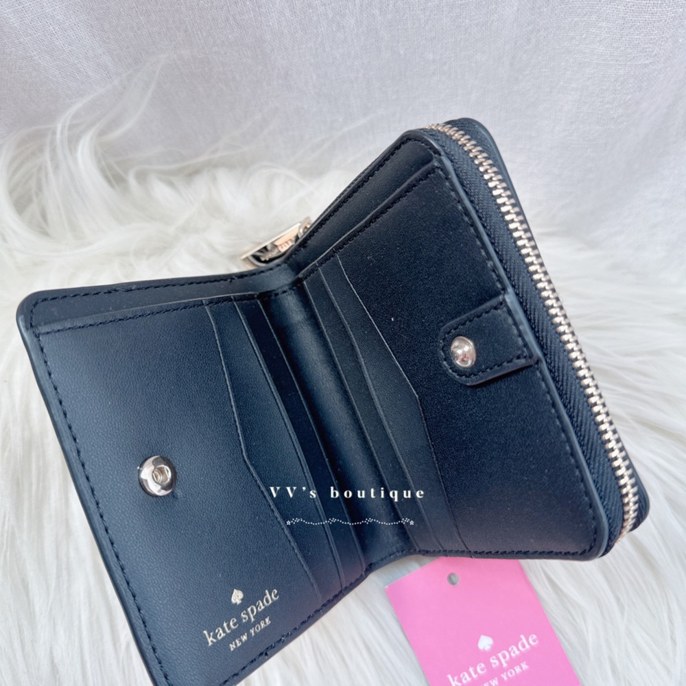 NWT Kate Spade Staci Small Zip Around Leather Wallet Warm Beige Black WLR00636 - Picture 3 of 5